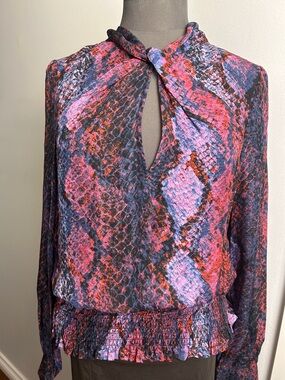 Parker SilkBlend SnakePrint Ruched Twist Collar Blouse Purple, Red, Blue, Navy